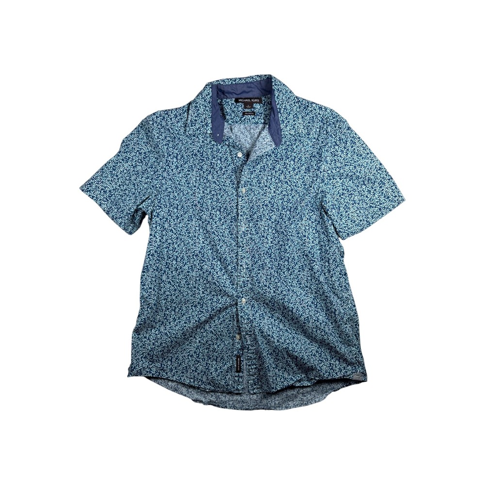 Michael Kors Mens Large Blue White Abstract Short Sleeve Trim Stretch Shirt